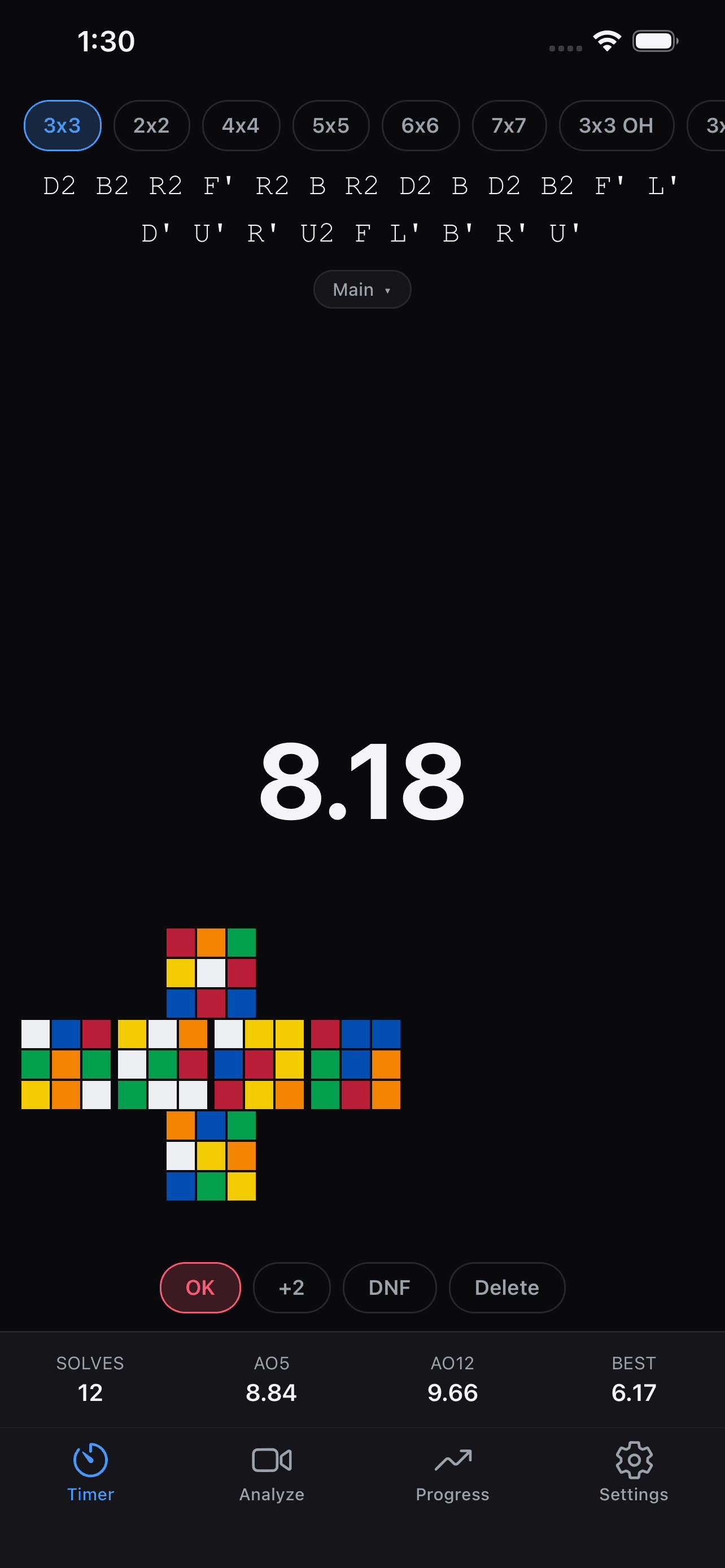 SpeedCube AI Analyzer timer screen with a visual scramble